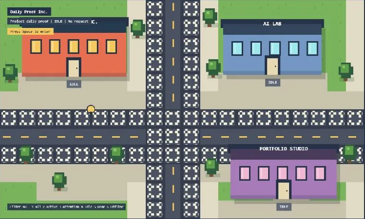 AI City company district with pixel-art buildings