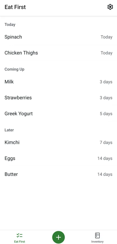 Eat First list grouped into Today, Coming Up and Later