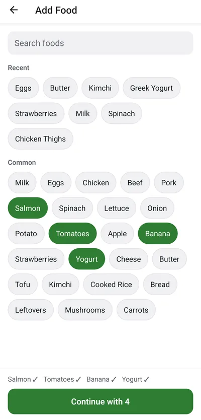 Eat First add food screen with recent and common foods