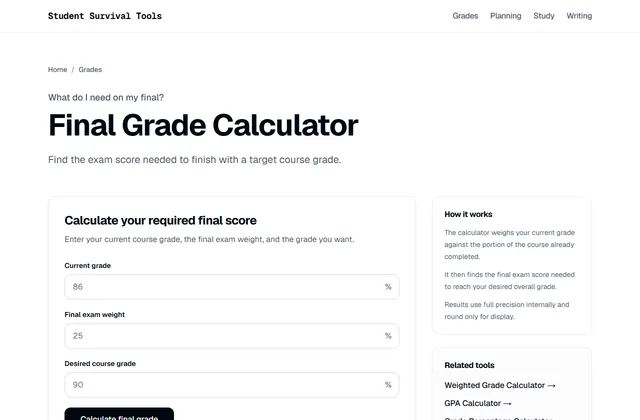 Final grade calculator page