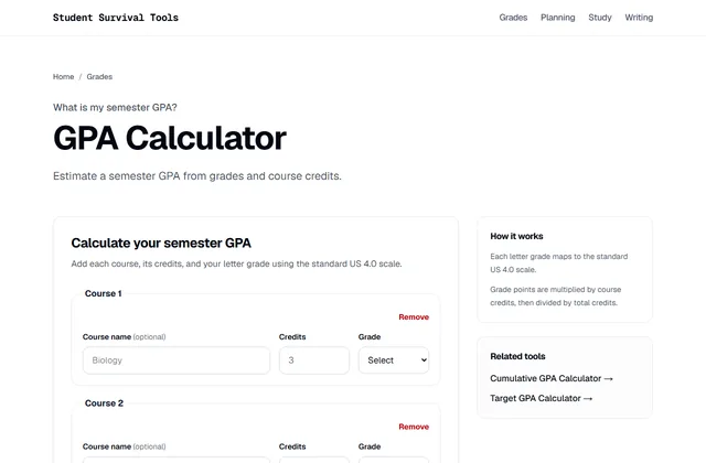 GPA calculator page