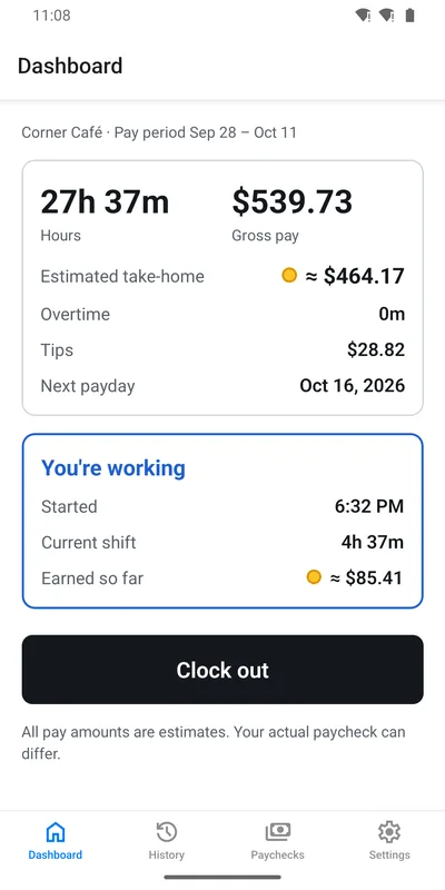 Shift Clock dashboard
