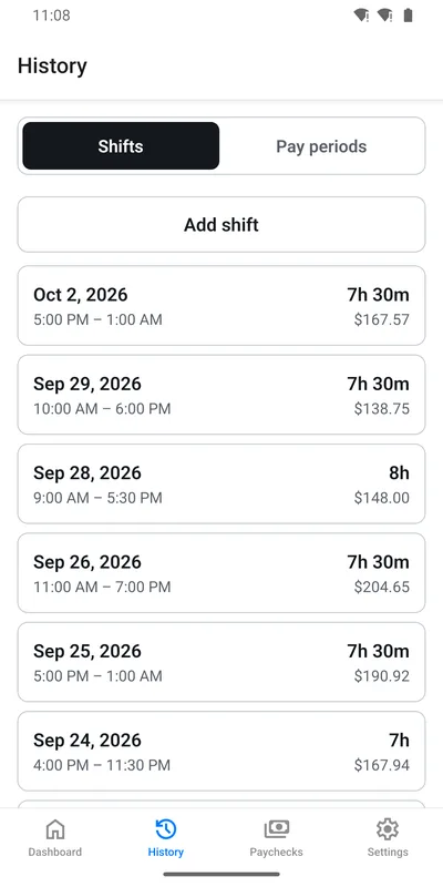 Shift Clock shift history